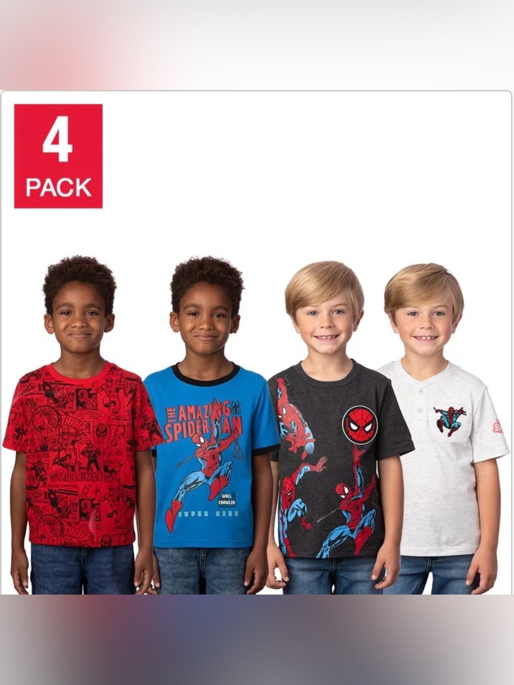 Spiderman Boys 4 pack Tees - Red, Blue, Charcoal, White